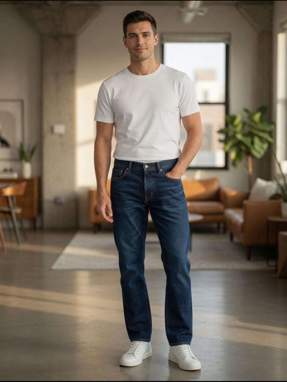 Men's Straight-Leg Dark Blue Jeans - Classic Fit